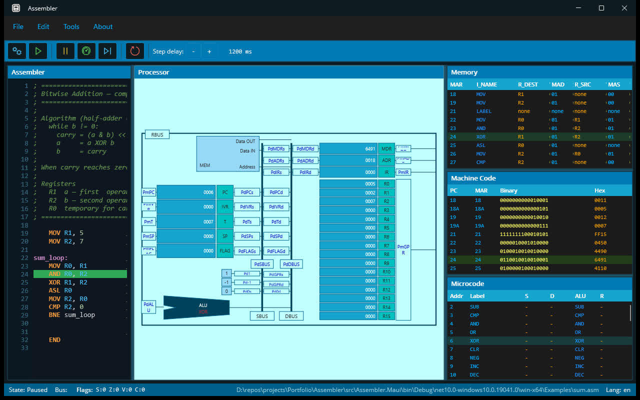 Die Assembler-Desktop-Anwendung: Quelltexteditor, Prozessorschema mit Bussen und Registern und übereinanderliegende Bereiche für Speicher, Maschinencode und Mikrocode.