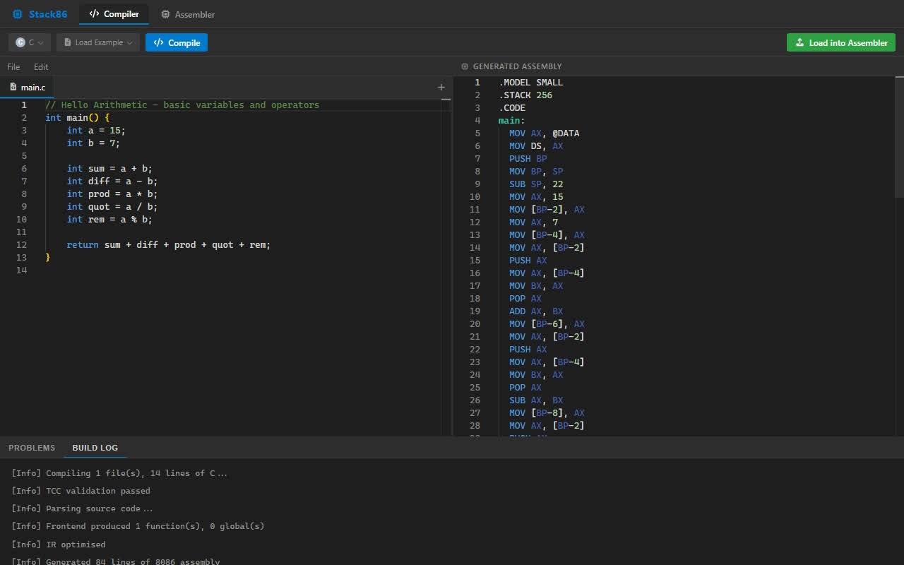 Die Stack86-IDE: C-Quelltext links, der erzeugte 8086-Assembler rechts und ein Build-Log, das die Pipeline mitschreibt.